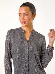 Roman Grey Sequin Sparkle Stretch Jersey Blouse - Image 8 of 9