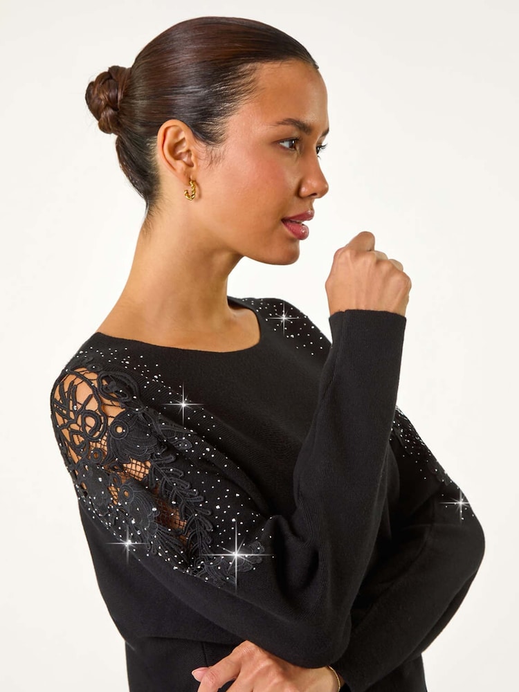 Roman Black Diamante Sleeve Knit Jumper - Image 1 of 5