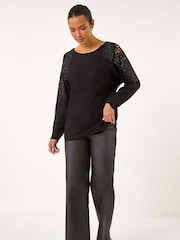 Roman Black Diamante Sleeve Knit Jumper - Image 2 of 5