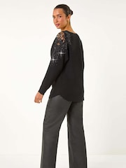 Roman Black Diamante Sleeve Knit Jumper - Image 3 of 5