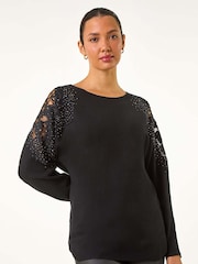 Roman Black Diamante Sleeve Knit Jumper - Image 4 of 5
