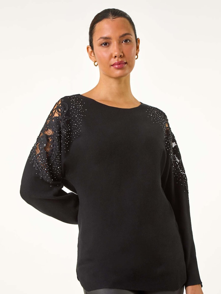 Roman Black Diamante Sleeve Knit Jumper - Image 4 of 5