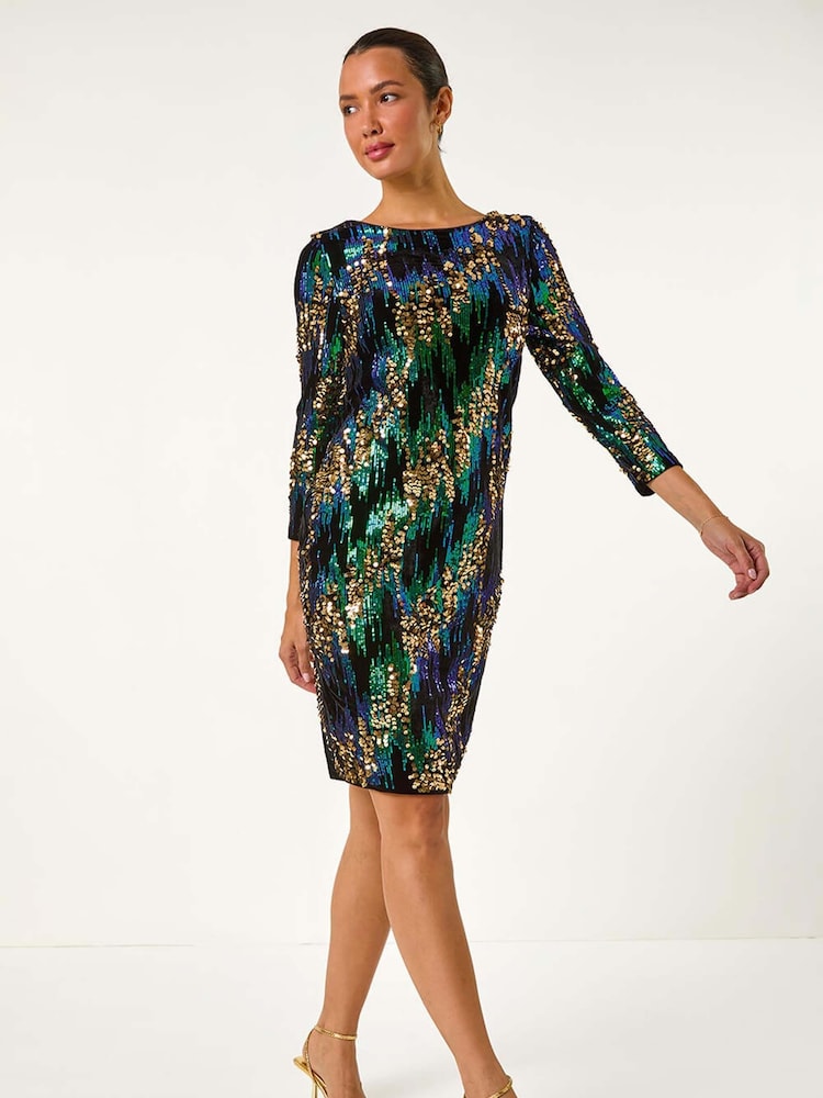 Roman Green Sequin Shimmer Velvet Dress - Image 2 of 5