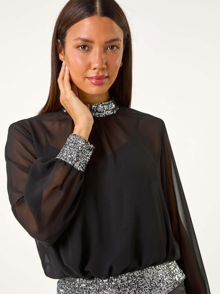 Roman Metallic High Neck Chiffon Sequin Stretch Top - Image 1 of 5