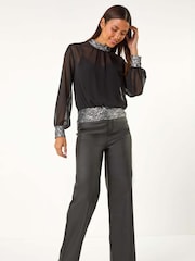 Roman Metallic High Neck Chiffon Sequin Stretch Top - Image 2 of 5