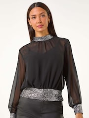 Roman Metallic High Neck Chiffon Sequin Stretch Top - Image 4 of 5