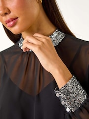 Roman Metallic High Neck Chiffon Sequin Stretch Top - Image 5 of 5