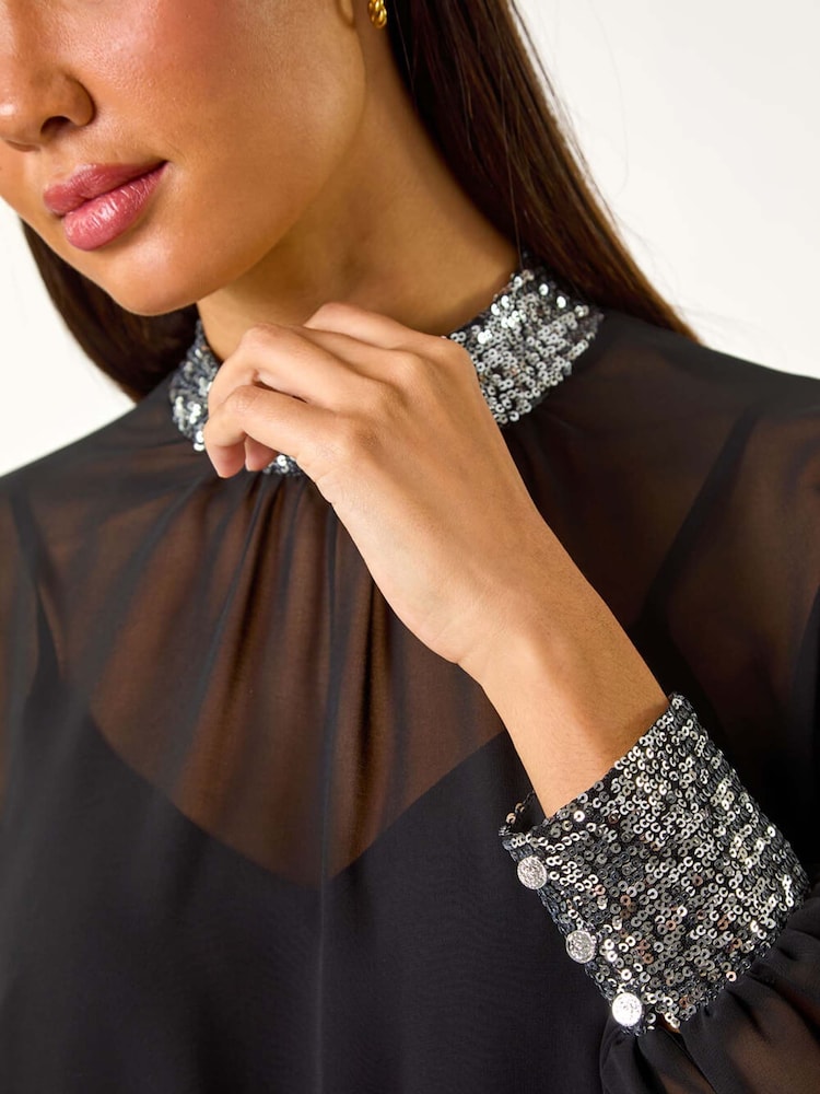 Roman Metallic High Neck Chiffon Sequin Stretch Top - Image 5 of 5