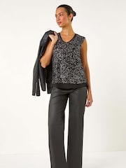 Roman Black Sequin V-Neck Tunic Stretch Top - Image 1 of 6