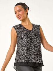 Roman Black Sequin V-Neck Tunic Stretch Top - Image 3 of 6