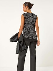 Roman Black Sequin V-Neck Tunic Stretch Top - Image 4 of 6