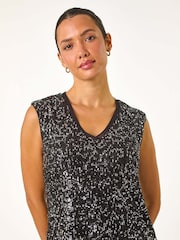 Roman Black Sequin V-Neck Tunic Stretch Top - Image 5 of 6