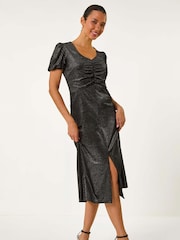 Roman Black Velvet Ruched Front Stretch Midi Dress - Image 3 of 6