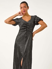 Roman Black Velvet Ruched Front Stretch Midi Dress - Image 5 of 6