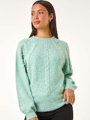 Roman Light Blue Pearl Embellished Cable Knit Jumper - Image 3 of 6