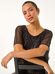 Roman Metallic Sparkle Mesh Stretch Overlay Top - Image 3 of 5