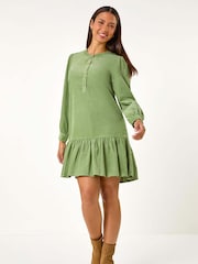 Roman Green Corduroy Button Detail A-Line 100% Cotton Dress - Image 2 of 5