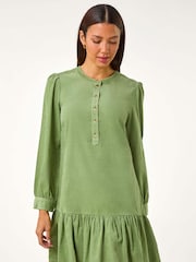 Roman Green Corduroy Button Detail A-Line 100% Cotton Dress - Image 4 of 5