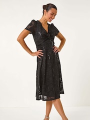 Roman Black Sequin Lace Twist Front Midi Dress - Image 1 of 5