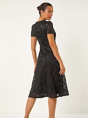 Roman Black Sequin Lace Twist Front Midi Dress - Image 2 of 5