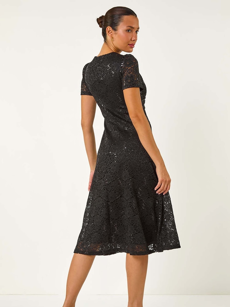 Roman Black Sequin Lace Twist Front Midi Dress - Image 2 of 5