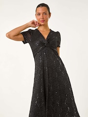 Roman Black Sequin Lace Twist Front Midi Dress - Image 3 of 5