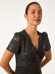 Roman Black Sequin Lace Twist Front Midi Dress - Image 4 of 5