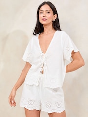 Lipsy White Woven Broderie Pyjamas Shorts Set - Image 1 of 4