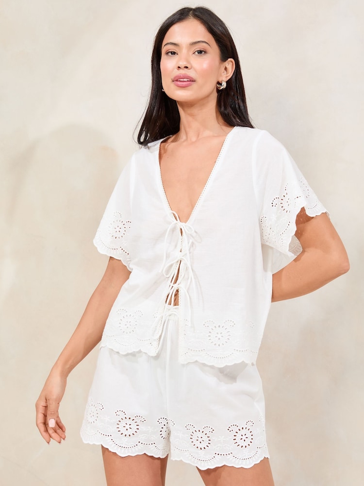 Lipsy White Woven Broderie Pyjamas Shorts Set - Image 1 of 4