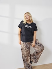 ONLY Curve Brown Leopard Print Wide Trousers - Image 1 of 3