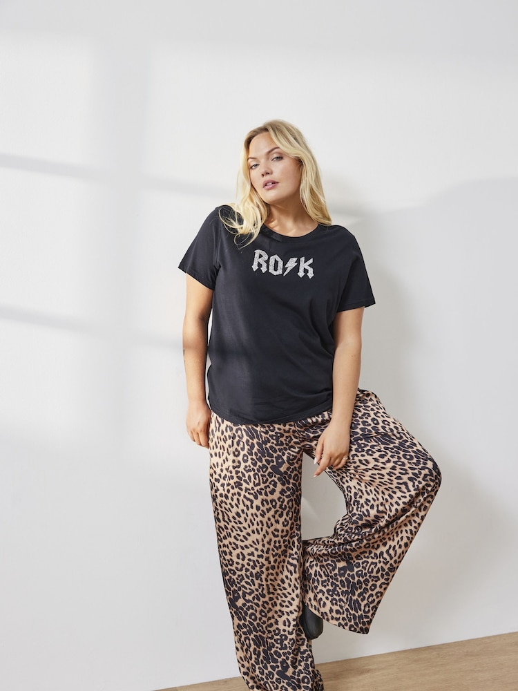 ONLY Curve Brown Leopard Print Wide Trousers - Image 1 of 3