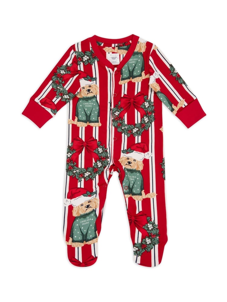 Chelsea Peers Red Baby Christmas Dog and Wreath Print Sleepsuit - Image 1 of 3