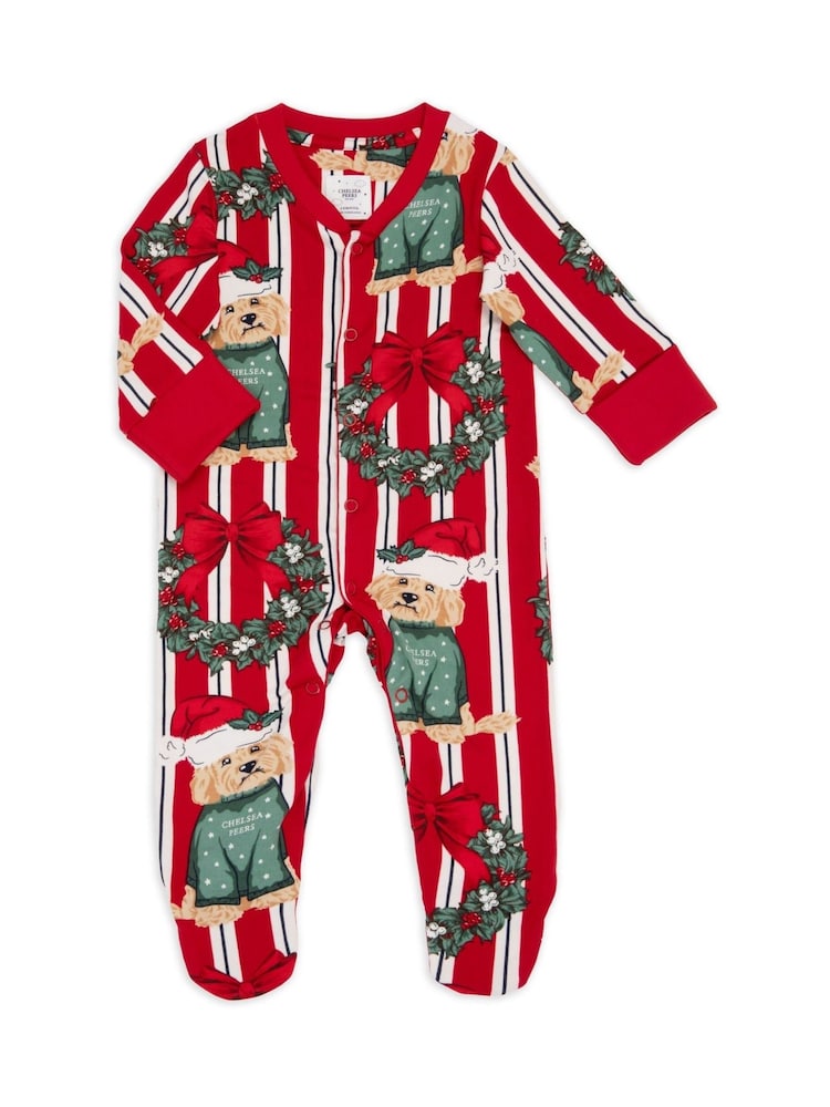 Chelsea Peers Red Baby Christmas Dog and Wreath Print Sleepsuit - Image 2 of 3