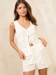 Lipsy Ivory Woven Cami Broderie Pyjamas Set - Image 1 of 4