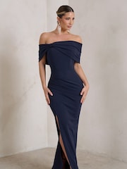 Club L London Blue Eva Bardot Bow Detail Maxi Dress With Thigh Split - Image 1 of 5