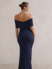 Club L London Blue Eva Bardot Bow Detail Maxi Dress With Thigh Split - Image 2 of 5