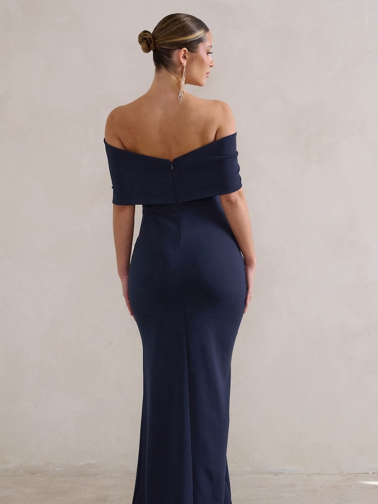 Club L London Blue Eva Bardot Bow Detail Maxi Dress With Thigh Split - Image 2 of 5