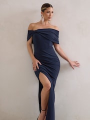 Club L London Blue Eva Bardot Bow Detail Maxi Dress With Thigh Split - Image 5 of 5