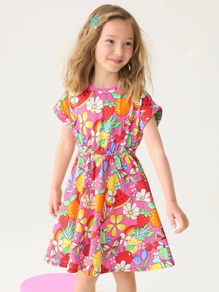 Little Bird by Jools Oliver Pink Fruit Print Rainbow Short Sleeve Jersey Dress - Image 1 of 6