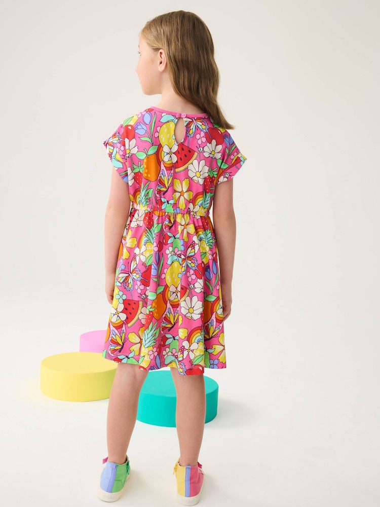 Little Bird by Jools Oliver Pink Fruit Print Rainbow Short Sleeve Jersey Dress - Image 2 of 6