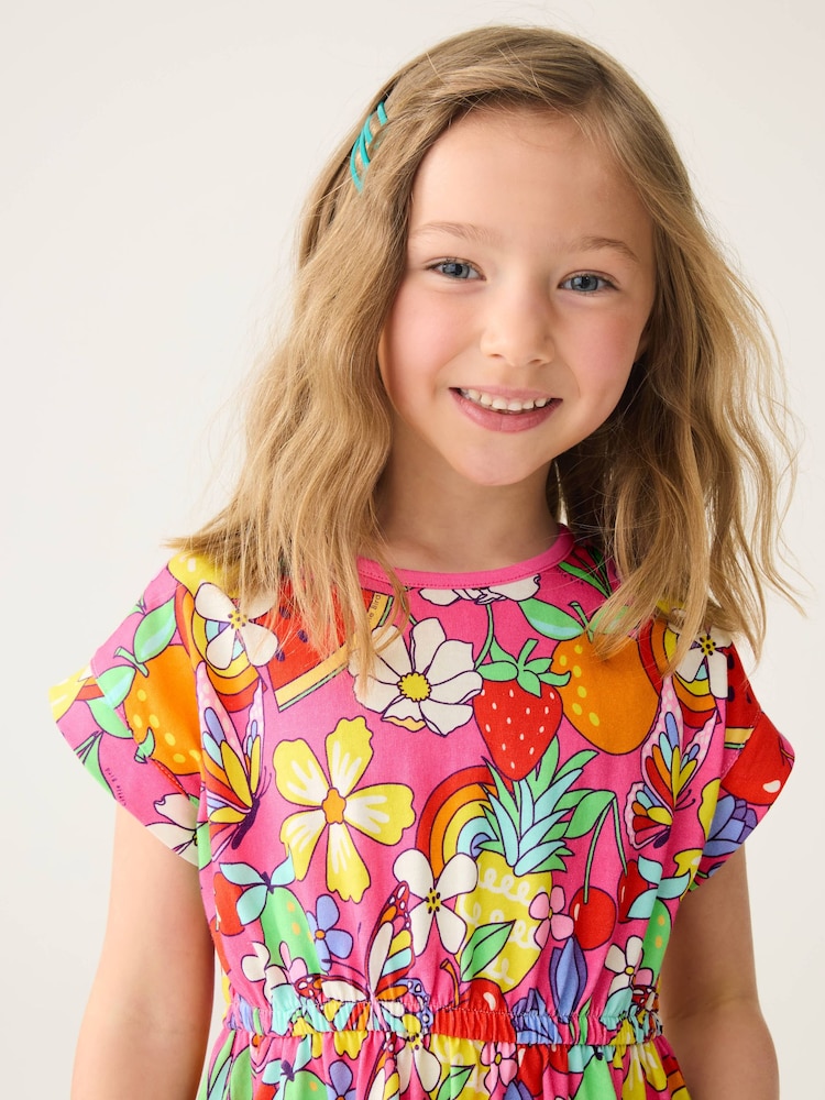 Little Bird by Jools Oliver Pink Fruit Print Rainbow Short Sleeve Jersey Dress - Image 4 of 6