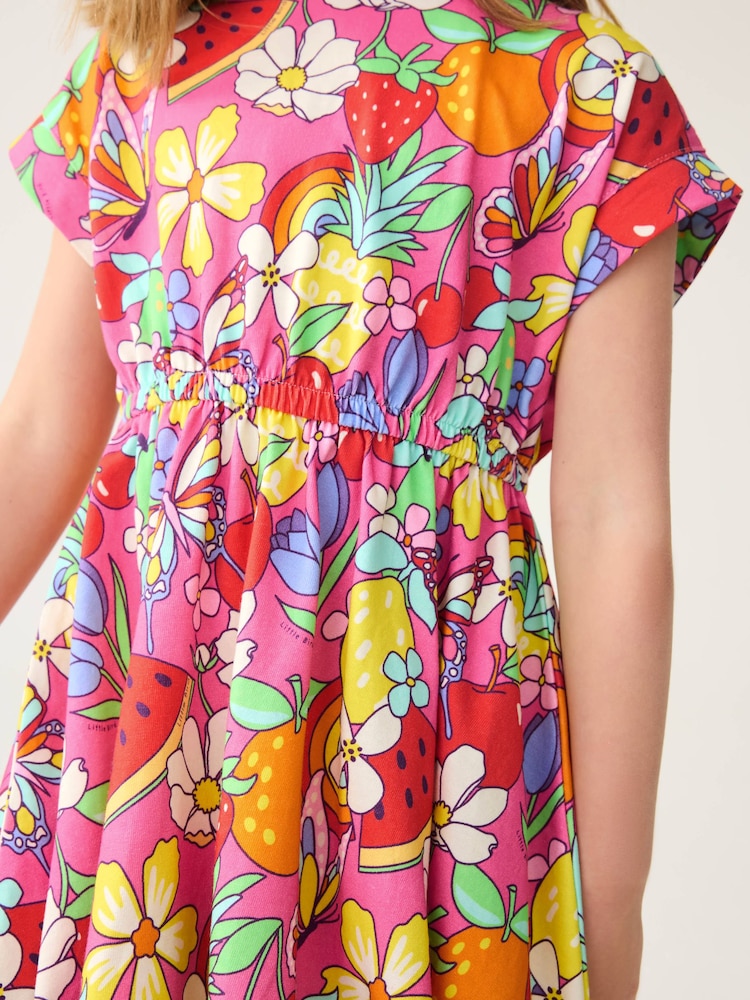 Little Bird by Jools Oliver Pink Fruit Print Rainbow Short Sleeve Jersey Dress - Image 5 of 6