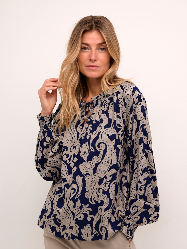 Cream CRLucy Tie Neck Blue Blouse - Image 1 of 6