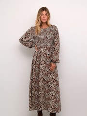 Cream Long Sleeve Leopard Print Maxi Black Dress - Image 1 of 5