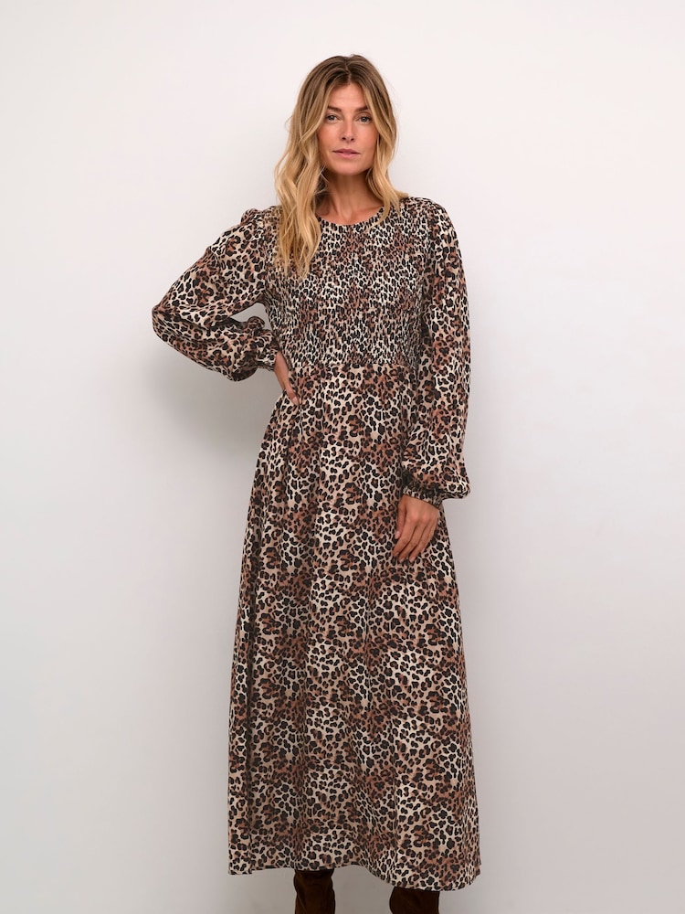 Cream Long Sleeve Leopard Print Maxi Black Dress - Image 1 of 5