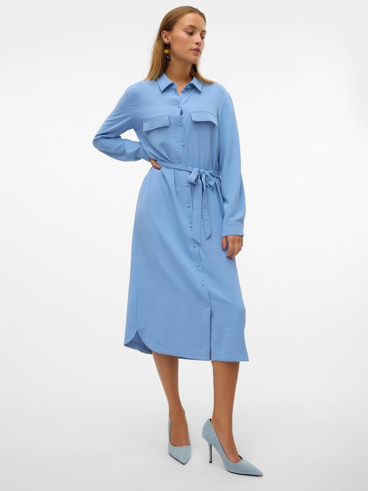 VERO MODA Blue Belted Shirt Midi Dress - Image 1 of 5