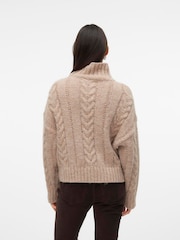 VERO MODA Brown High Neck Cable Knit Jumper With Button Detail Collar - Image 2 of 5