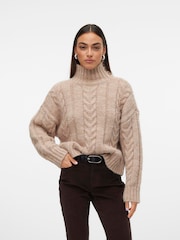 VERO MODA Brown High Neck Cable Knit Jumper With Button Detail Collar - Image 3 of 5