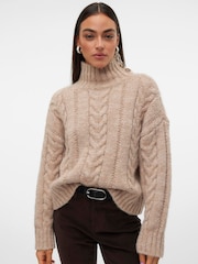 VERO MODA Brown High Neck Cable Knit Jumper With Button Detail Collar - Image 4 of 5