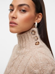 VERO MODA Brown High Neck Cable Knit Jumper With Button Detail Collar - Image 5 of 5